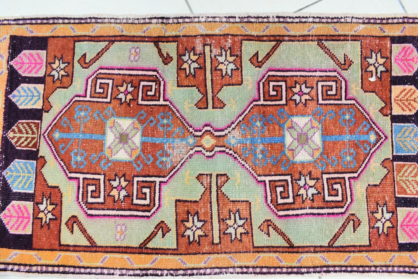 Turkish Runner 3.3x1.8 ft Vintage Small Rug Oushak Runner Anatolian Mini Rug Y62