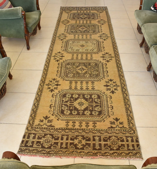 Vintage Oushak Runner 3.2 x 11.7 ft Handmade Wool Turkish Long Floor Rug C18