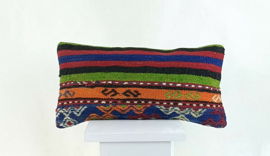 Kilim Lumbar Cover 8x16 in Handmade Oriental Rug Tribal Ethnic Pillow Case A1037