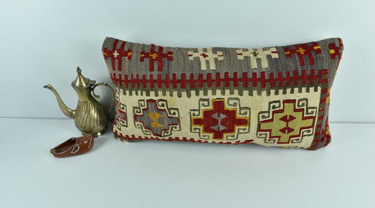 Kilim Lumbar Pillow Cover 10x20 Decorative Sofa Couch Handmade Cushion A1774