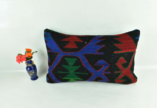 Kilim Pillow Cover 12x20 Turkish Handmade Vintage Couch Lumbar Cushion  A1813