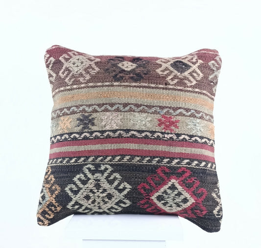  Turkish Kilim Pillow Cover 16x16 Home Decorative Wool Oushak Rug Cushion A518
