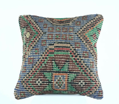 Kilim Pillow Cover 16x16 Turkish Traditional Handmade Lumbar Cushion Case A414