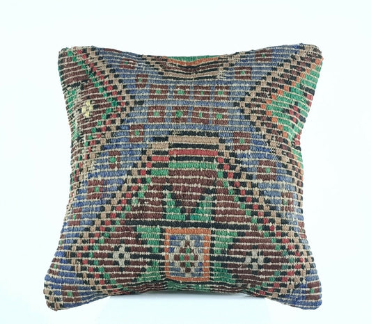 Kilim Pillow Cover 16x16 Turkish Traditional Handmade Lumbar Cushion Case A414