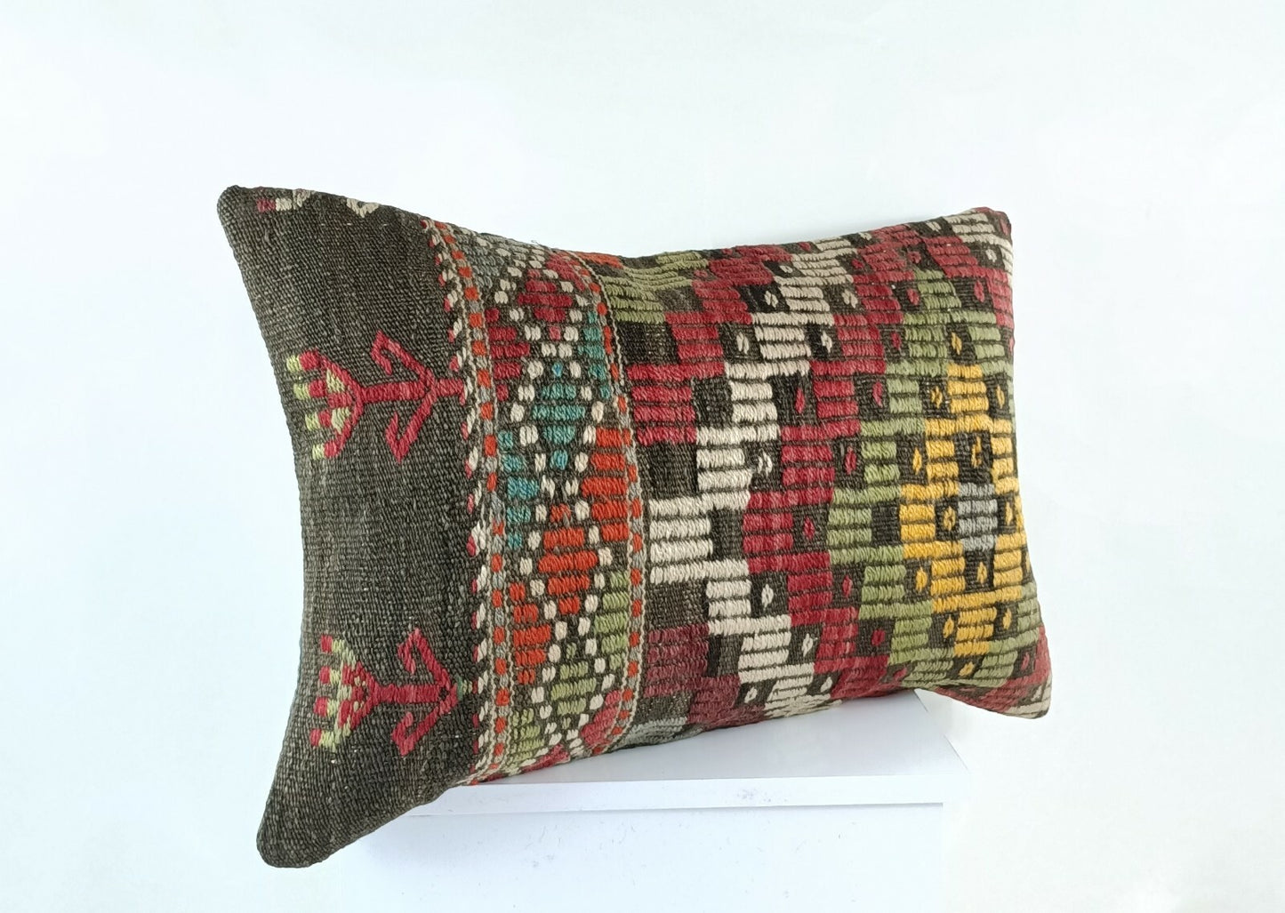 Oriental Ottoman Lumbar Pillow Cover 16x24 Handknotted Turkish Rug Cushion E1248