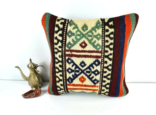 16x16 Kilim Pillow Cover Decorative Vintage Handknotten Bohemian Cushion A1686