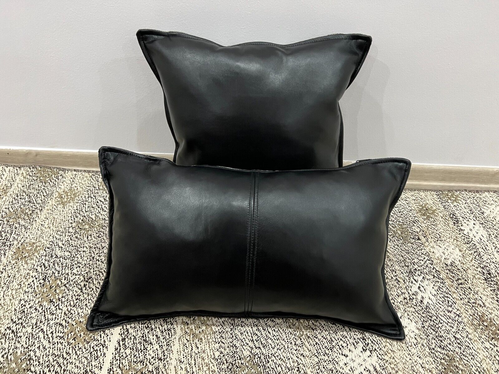 Genuine Leather Fabric Double Sided Pillow Cover Black Brown Lumbar Cushion Case