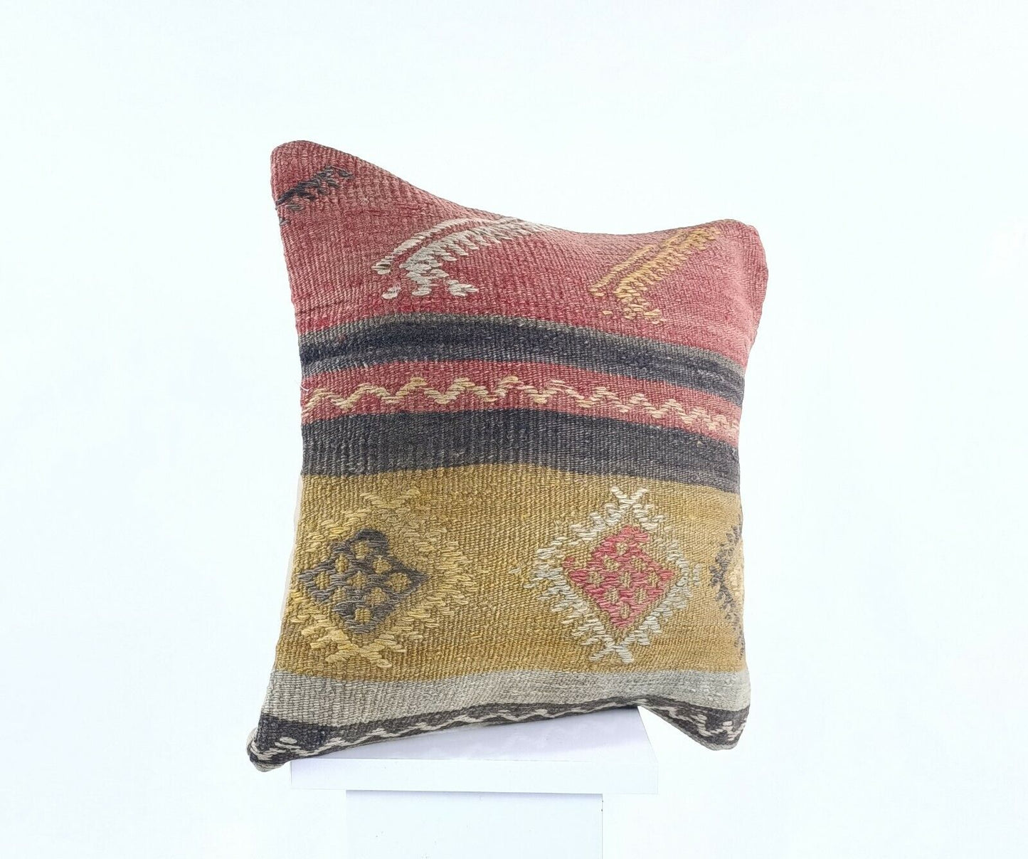 Handmade Turkish Kilim Pillow Cover 16x16 Ethnic Oushak Wool Throw Cushion  A488