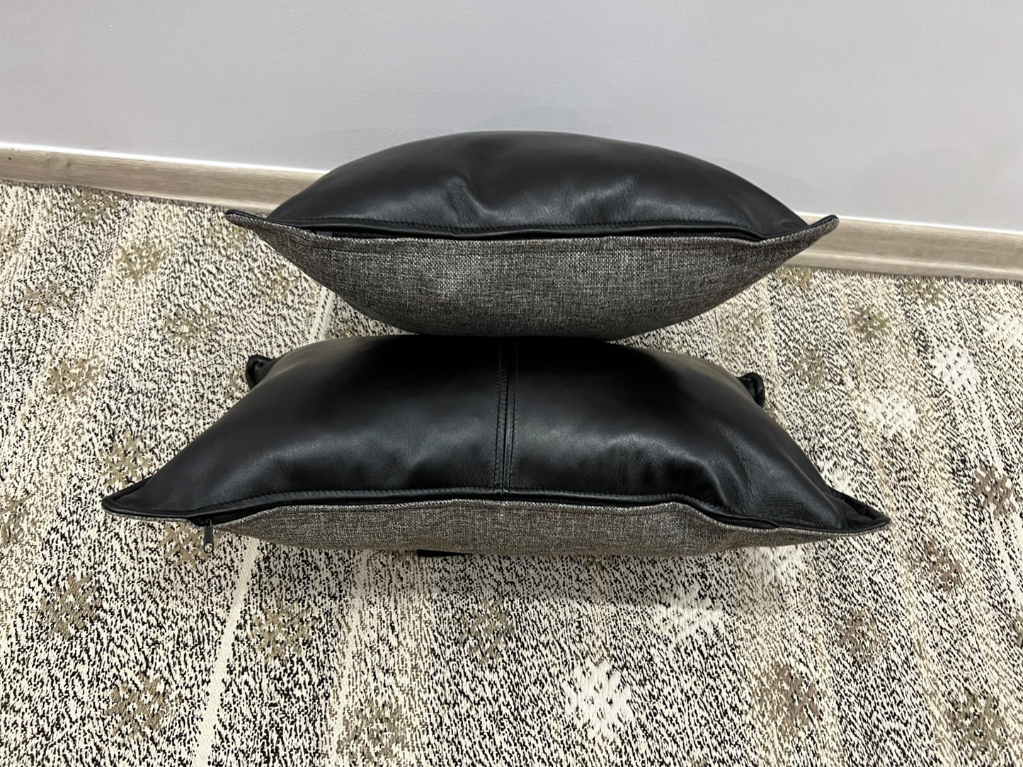 Genuine Leather Fabric Double Sided Pillow Cover Black Brown Lumbar Cushion Case