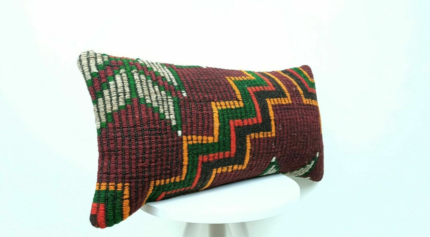 Turkish Kilim Pillow Cover 12x24 Sofa Ethnic Bohemian Wool Lumbar Cushion  E417