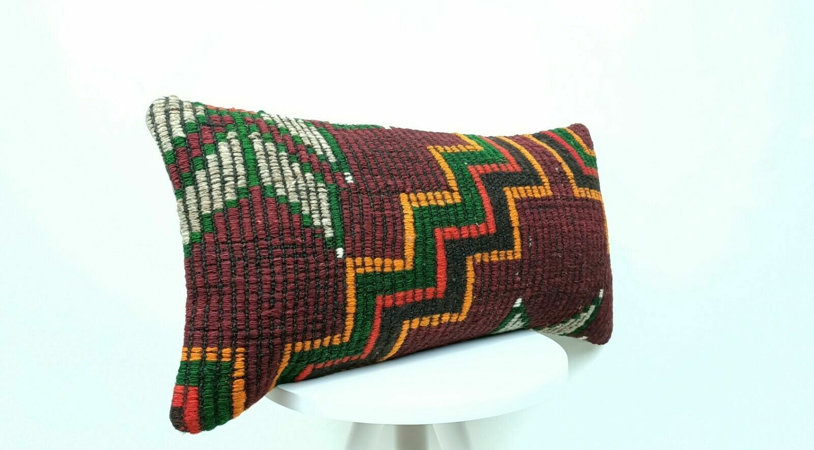 Turkish Kilim Pillow Cover 12x24 Sofa Ethnic Bohemian Wool Lumbar Cushion  E417