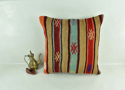 18"x18" Kilim Pillow Cover  Handmade Turkish Vintage Cushion Tribal Lumbar 3009