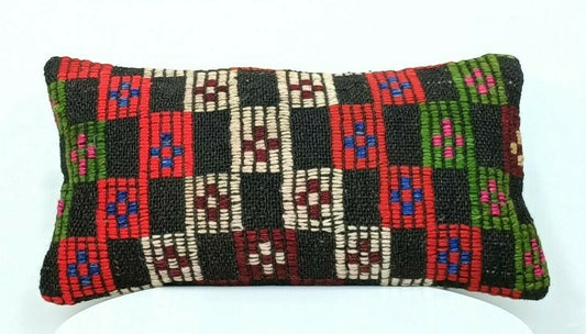 Turkish Kilim Pillow Cover 8"x16" Handmade Oushak Rug Tribal Lumbar Cushion E379