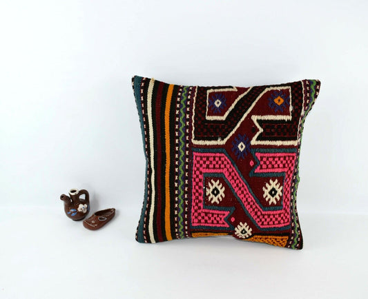 Kilim Pillow Cover 16x16 Decorative Vintage Oushak Kilim Cushion Cover A3088