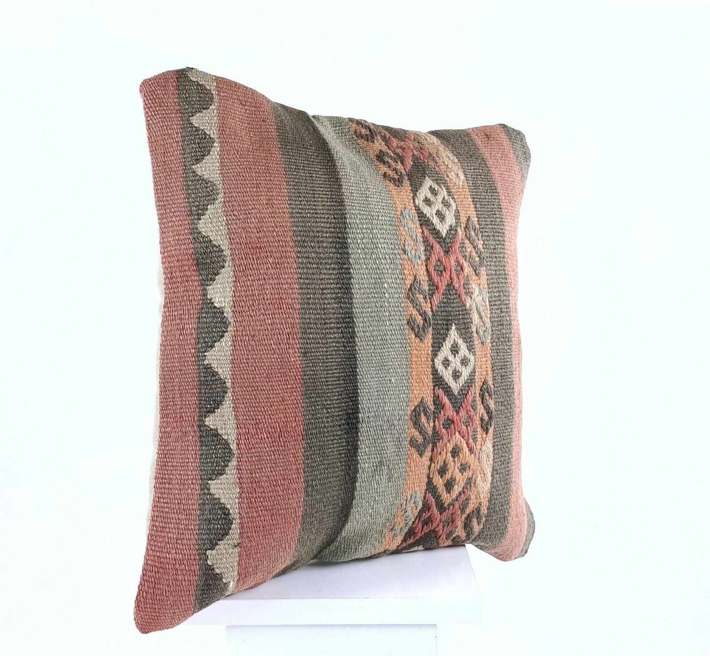 Kilim Pillow Cover 16x16 Anatolian Traditonal Wool Boho Sofa Lumbar Cushion A592