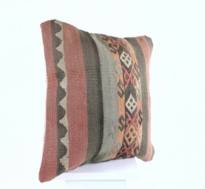 Kilim Pillow Cover 16x16 Anatolian Traditonal Wool Boho Sofa Lumbar Cushion A592