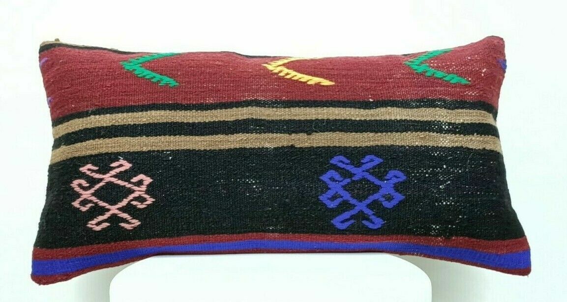 Turkish Kilim Pillow Cover 12x24 Sofa Couch Ethnic Bohemian Lumbar Cushion  E413