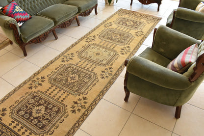 Vintage Oushak Runner 3.2 x 11.7 ft Handmade Wool Turkish Long Floor Rug C18