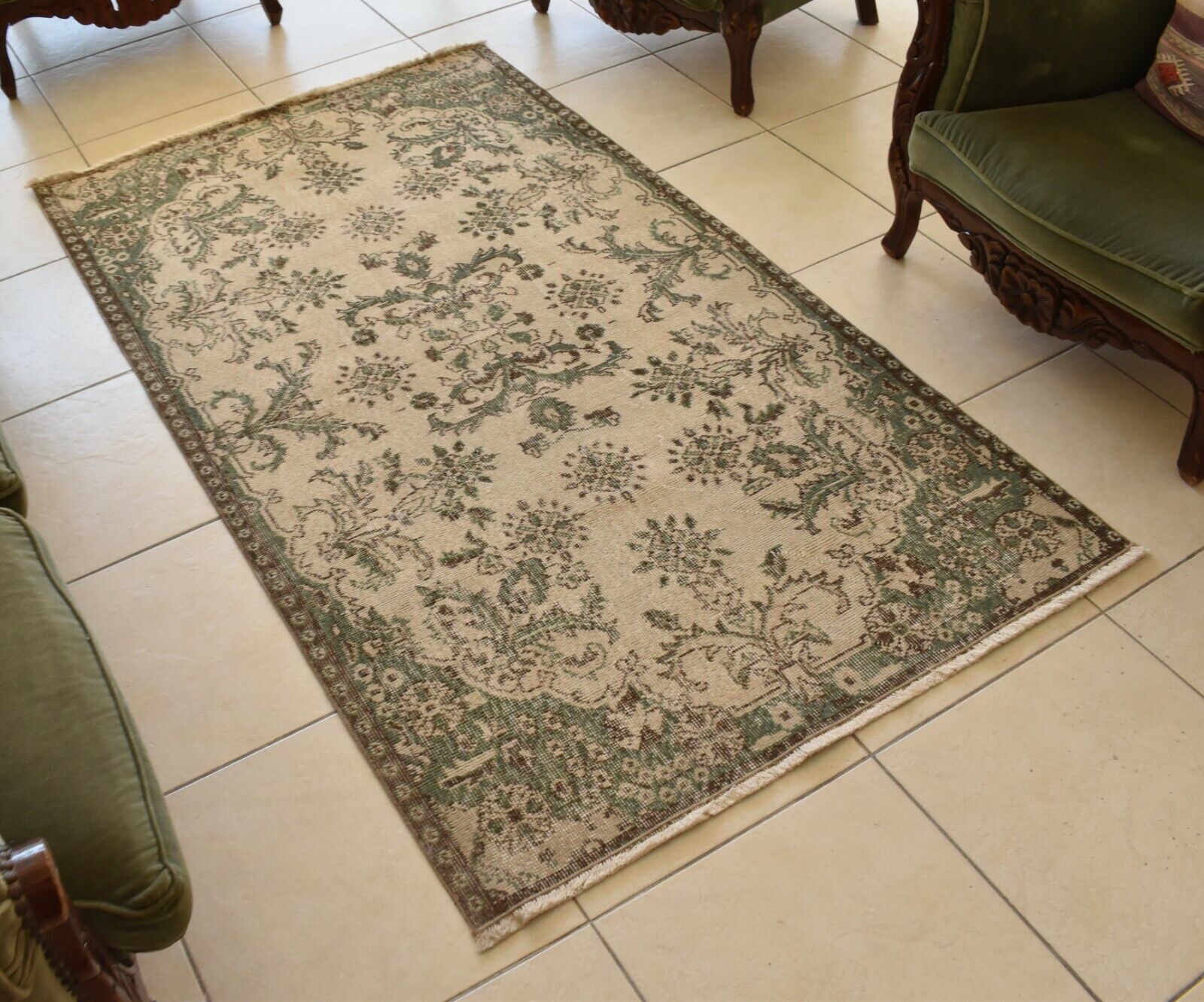 Handmade Vintage Oushak Runner 3.6 x 6.4 ft  Accent Beige Green Area Rug C22