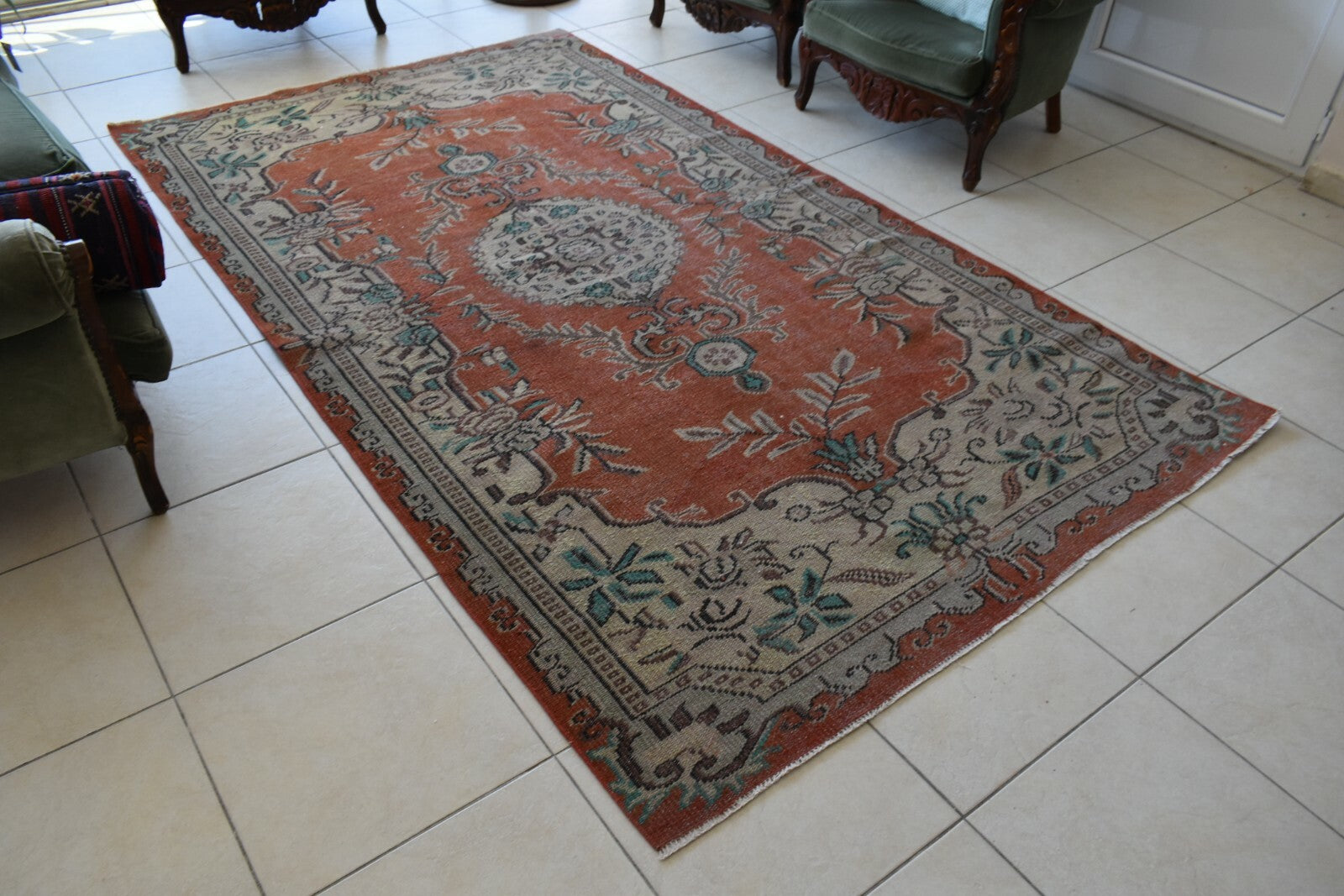 Large Turkish Rug 9.2x5.2 ft Vintage Rug Faded Oushak Rug Living Room Carpet B23