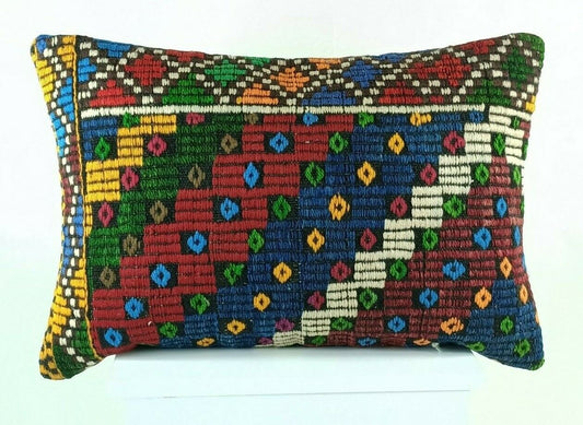 Traditional Turkish Kilim Pillow Cover 16x24 Handmade Rug Lumbar Cushion E1256