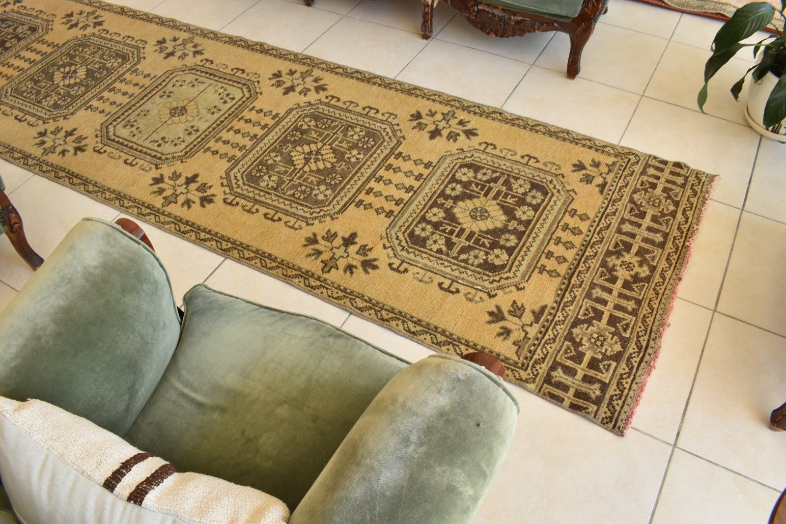 Vintage Oushak Runner 3.2 x 11.7 ft Handmade Wool Turkish Long Floor Rug C18