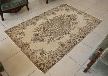 Handmade Vintage Oushak Runner 3.9 x 6.3 ft  Accent Beige Pastel Area Rug C23