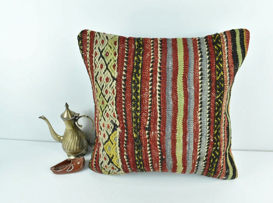 Kilim Pillow Cover 16x16 Decorative Vintage Handmade Bohemian Cushion A1644