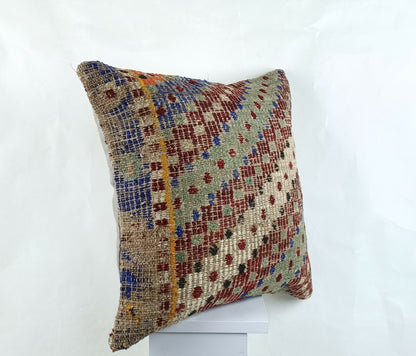 Kilim Pillow Cover 18x18 Handmade Turkish Ethnic Vintage Lumbar Cushion A1399