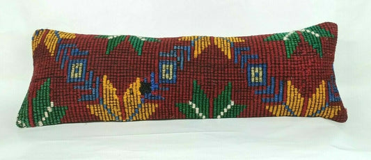 Kilim Pillow Cover 12x36 Handknotted Turkish Tribal Ethnic Lumbar Cushion E689