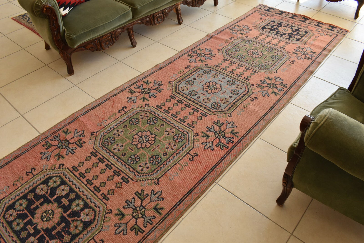 Handwoven Turkish Rug Runner  3.2 x 11.3 ft Oushak Kilim Ethnic Anatolian C43