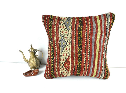  Kilim Pillow Cover 16x16 Decorative Vintage Handmade Bohemian Cushion A1658
