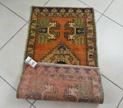 Turkish Runner 3.2x1.8 ft Vintage Small Rug Oushak Runner Anatolian Mini Rug Y63