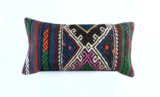 Handmade Turkish Kilim Pillow Cover 12x24 Ethnic Boho Sofa Lumbar Cushion E1007