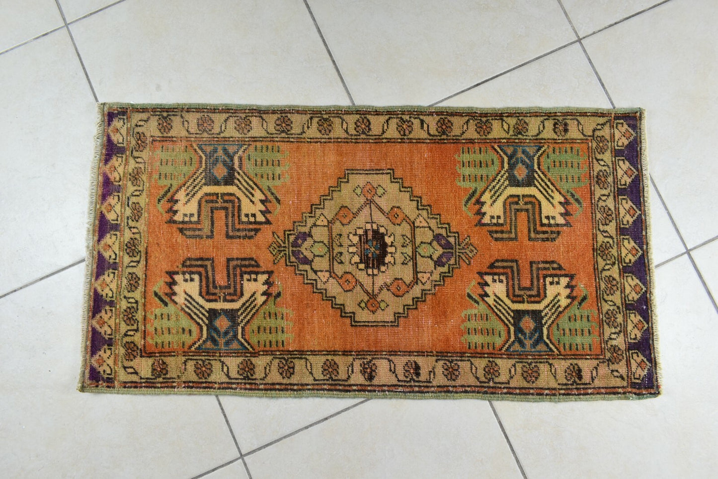 Turkish Runner 3.2x1.8 ft Vintage Small Rug Oushak Runner Anatolian Mini Rug Y63