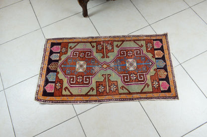 Turkish Runner 3.3x1.8 ft Vintage Small Rug Oushak Runner Anatolian Mini Rug Y62