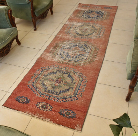 Distressed Oushak Rug 2.6x9.5 ft Handwoven Traditional Long Vintage Runner C39