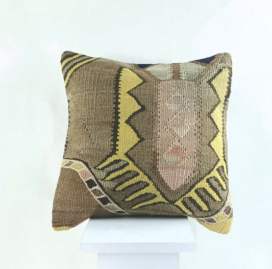 Handmade Kilim Pillow Cover 16x16 Anatolian Traditional Wool Lumbar Cushion A846