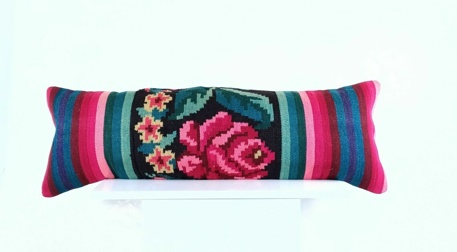 Kilim Pillow Cover 12x36 Handknotted Turkish Tribal Ethnic Lumbar Cushion A639