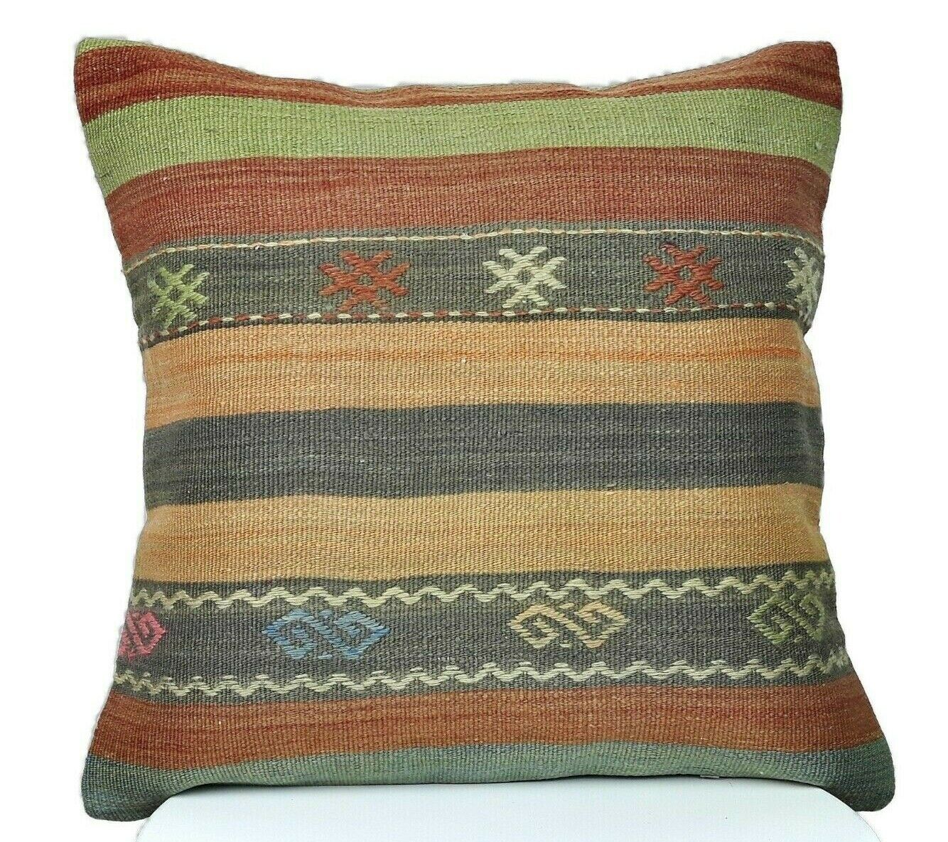 16x16 Handmade Kilim Rug Pillow Cover Vintage Boho Ethnic Lumbar Cushion E217