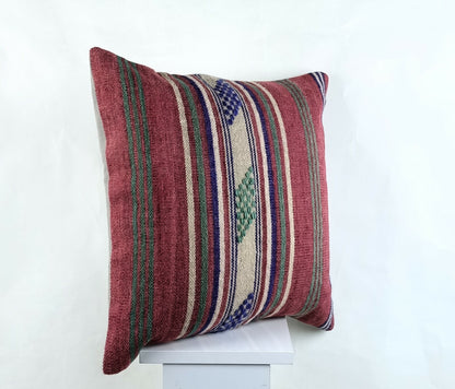Kilim Pillow Cover 18x18 Handmade Turkish Ethnic Vintage Lumbar Cushion A1420