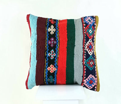 Kilim Pillow Cover 16x16 Handmade Turkish Home Decorative Wool Sofa Cushion A815