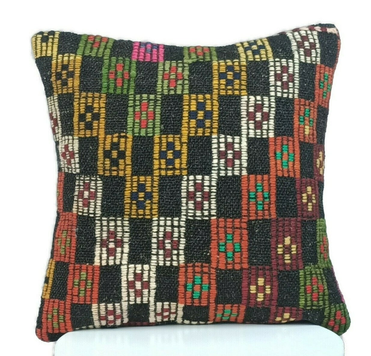 Kilim Pillow Cover 16"x16" Home Decorative Boho Rustic Rug Lumbar Cushion E198