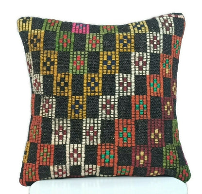 Kilim Pillow Cover 16"x16" Home Decorative Boho Rustic Rug Lumbar Cushion E198