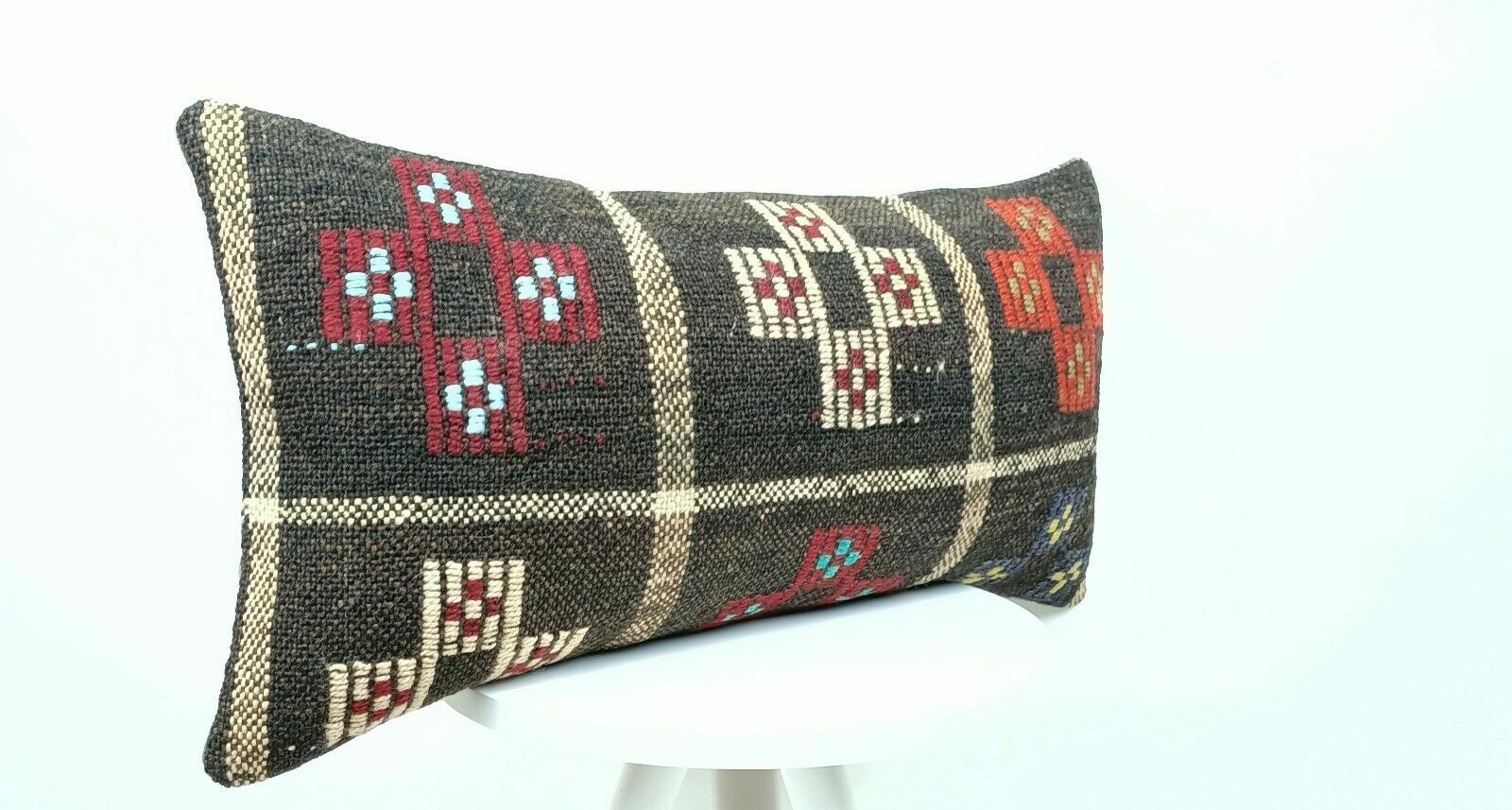 Kilim Pillow Cover 12x24 Handmade Turkish Traditional Wool Lumbar Cushion E397
