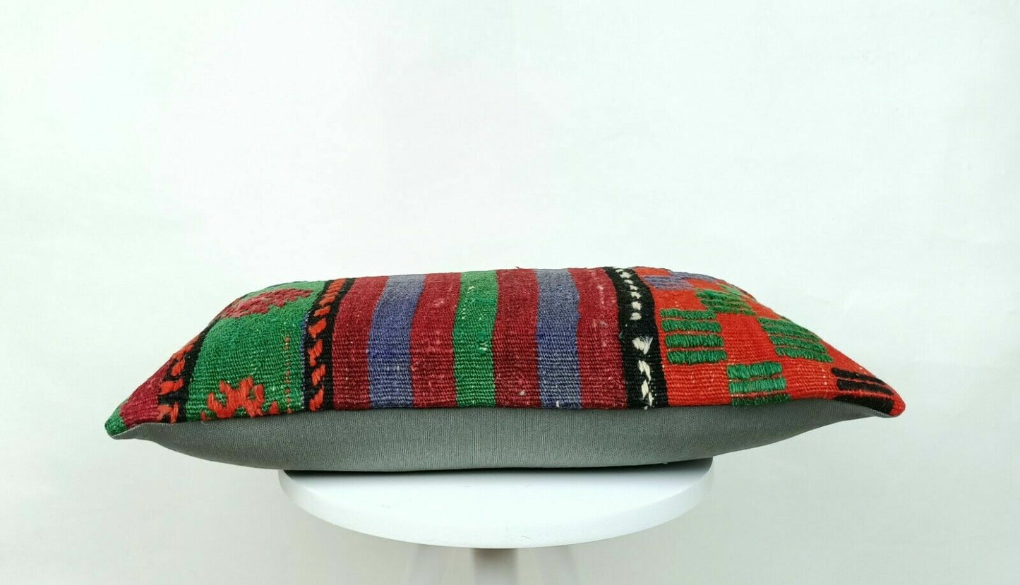 12x20 Kilim Lumbar Pillow Cover Handmade Traditional Oriental Wool Cushion E539