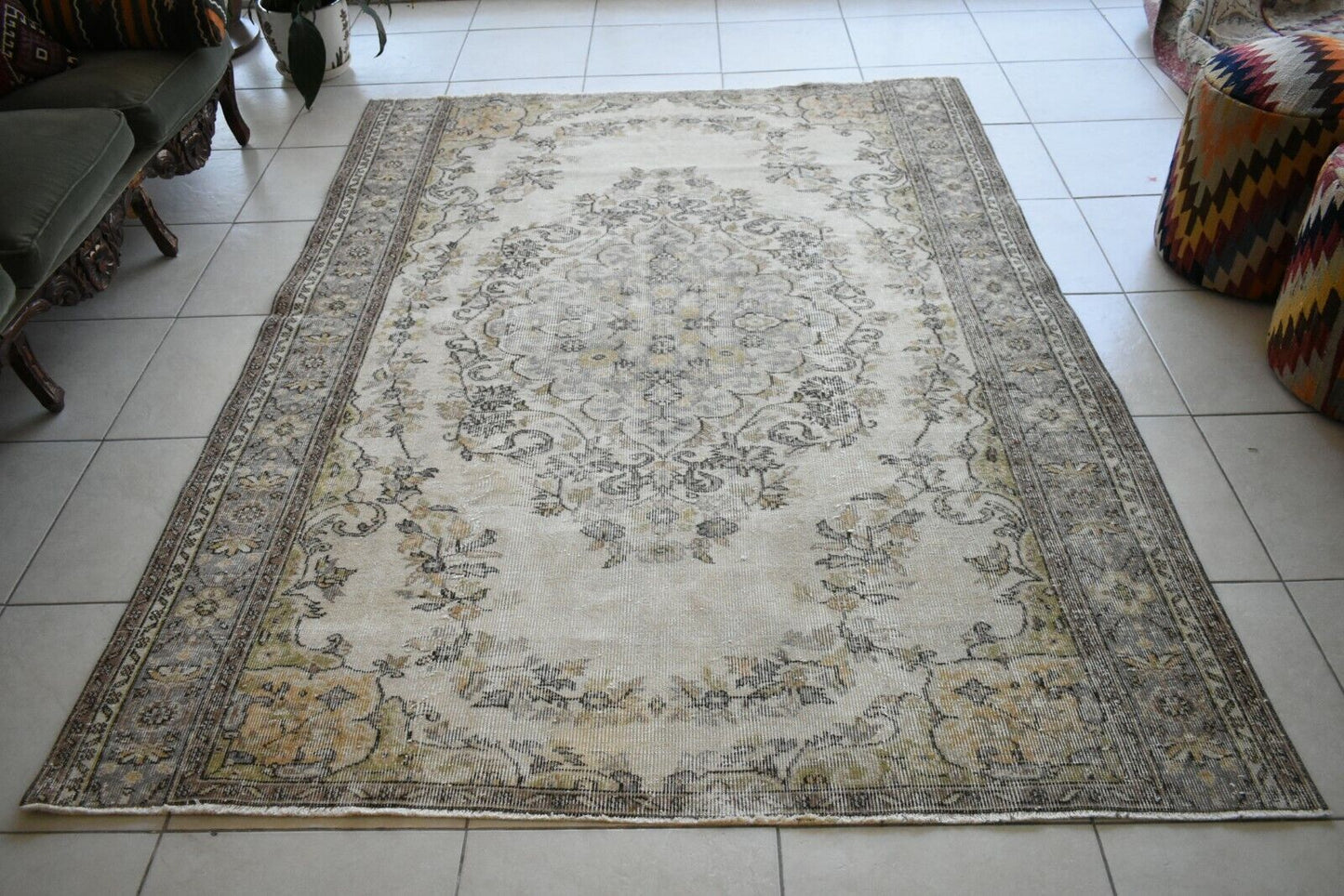 Turkish Rug 7.8x5.8 ft Vintage Rug Faded Oushak Rug Large Living Room Carpet B07