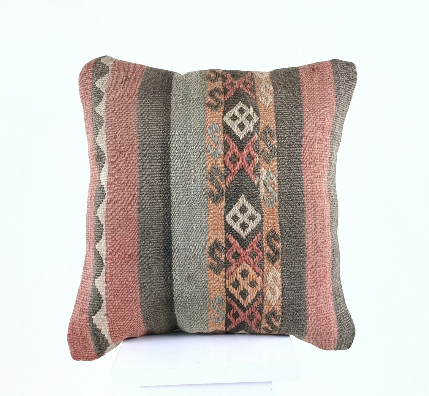 Kilim Pillow Cover 16x16 Anatolian Traditonal Wool Boho Sofa Lumbar Cushion A592