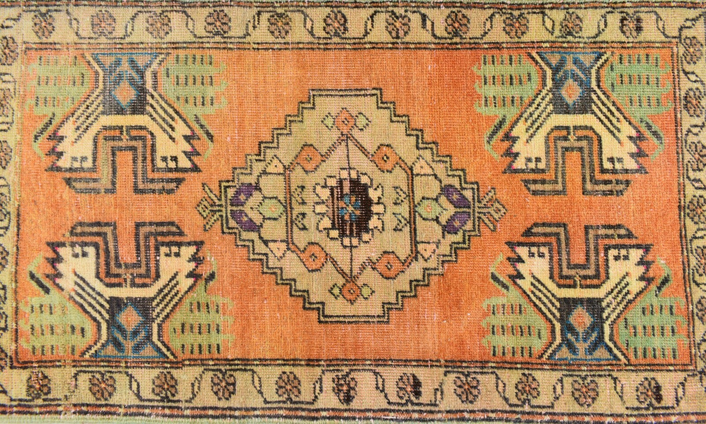 Turkish Runner 3.2x1.8 ft Vintage Small Rug Oushak Runner Anatolian Mini Rug Y63