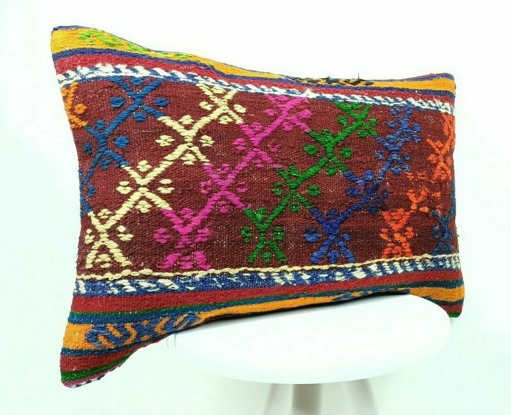 Kilim Pillow Cover 16x24 Handmade Lumbar Tribal Ethnic Sofa Couch Cushion  E497
